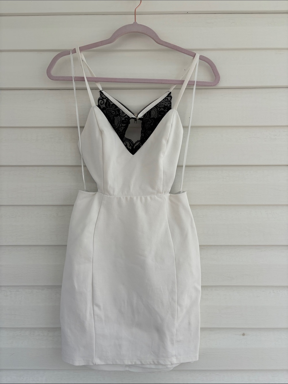 Lush White Mini Dress Black Lace Accent Strappy Back Fitted